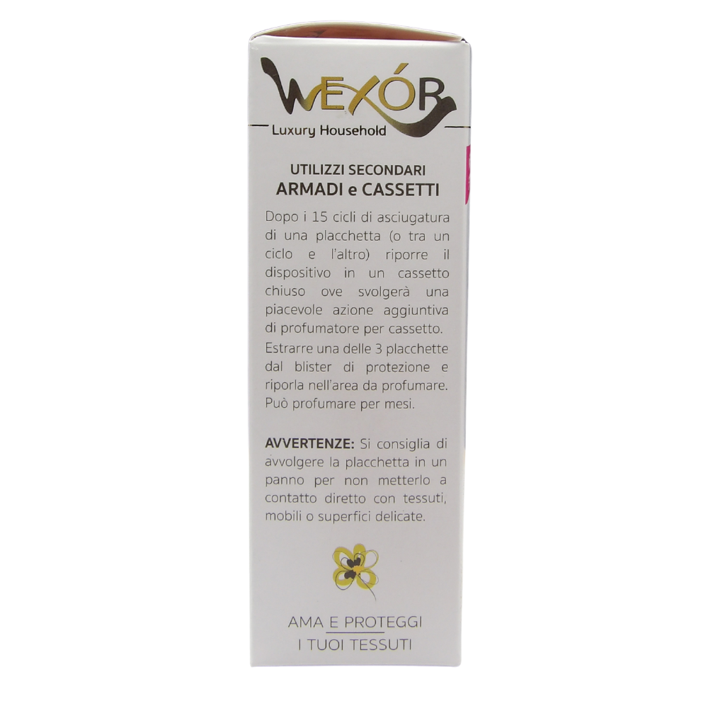 Wexór PLACCHETTE ASCIUGATRICE Profumanti YLANG YLANG, CASHMERE e LEGNO DI PATCHOULI. Resistente Alle Alte Temperature. Ogni Placchetta è Utilizzabile Per Ben 15 Cicli Di Asciugatura 48g