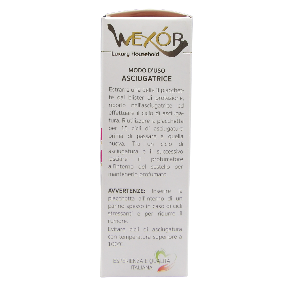 Wexór PLACCHETTE ASCIUGATRICE Profumanti YLANG YLANG, CASHMERE e LEGNO DI PATCHOULI. Resistente Alle Alte Temperature. Ogni Placchetta è Utilizzabile Per Ben 15 Cicli Di Asciugatura 48g