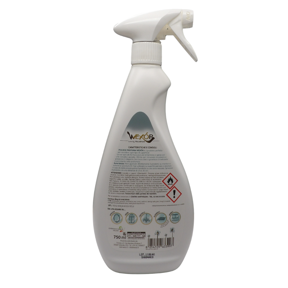Wexór Pulisce Profuma VETRI & SUPERFICI IGIENIZZANTE MULTIUSO, Narciso Blu e Fiori Di Ninfea. Ottimo Per Rimuovere La Polvere e Prevenirne Il Rideposito 750ml