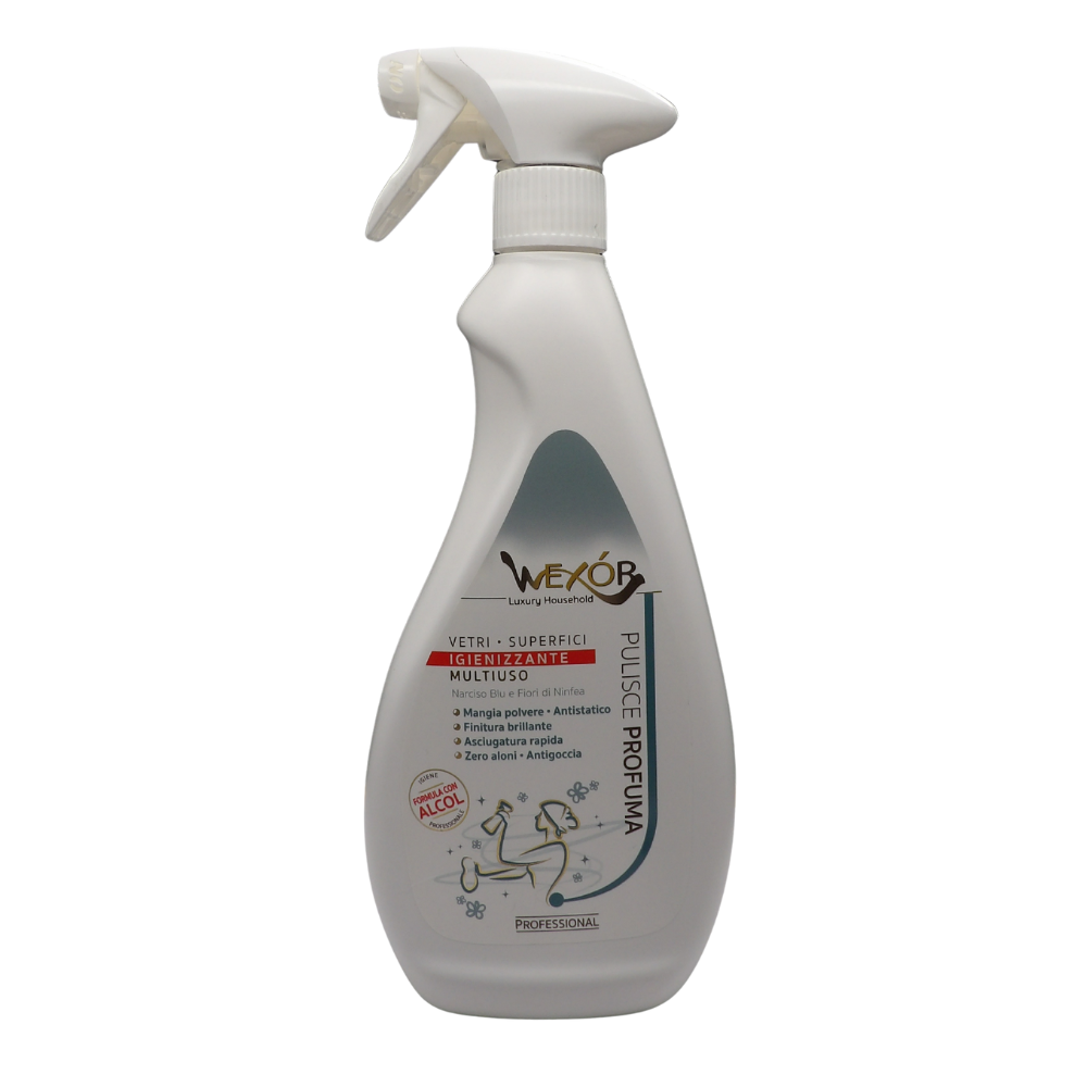 Wexór Pulisce Profuma VETRI & SUPERFICI IGIENIZZANTE MULTIUSO, Narciso Blu e Fiori Di Ninfea. Ottimo Per Rimuovere La Polvere e Prevenirne Il Rideposito 750ml