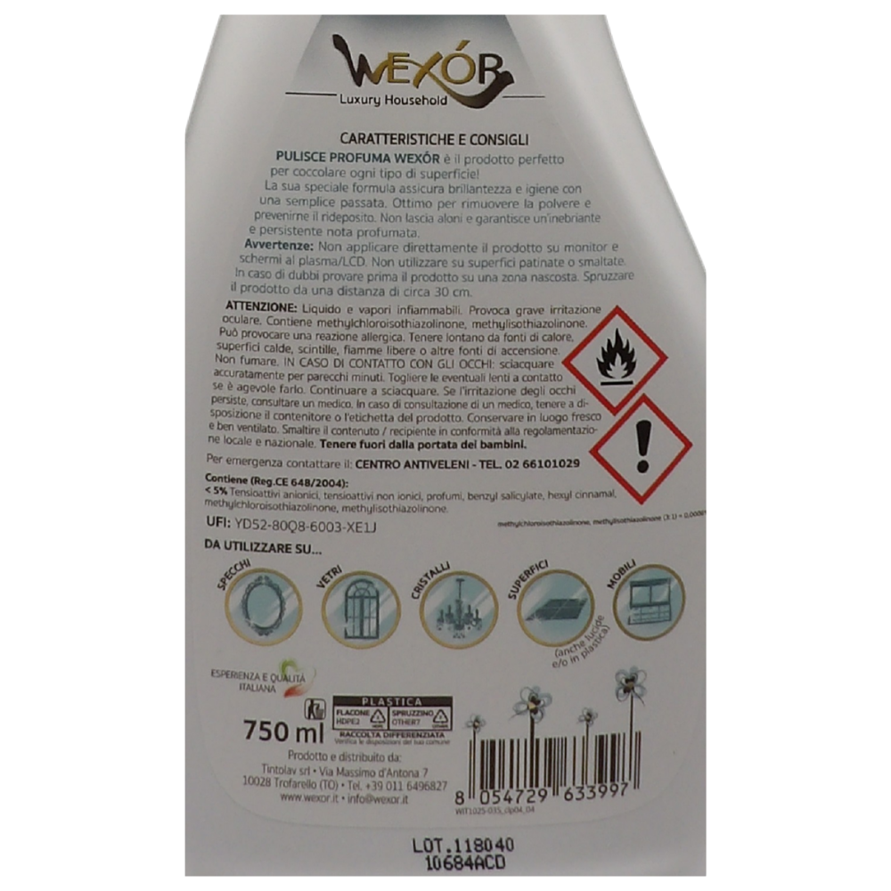 Wexór Pulisce Profuma VETRI & SUPERFICI IGIENIZZANTE MULTIUSO, Narciso Blu e Fiori Di Ninfea. Ottimo Per Rimuovere La Polvere e Prevenirne Il Rideposito 750ml