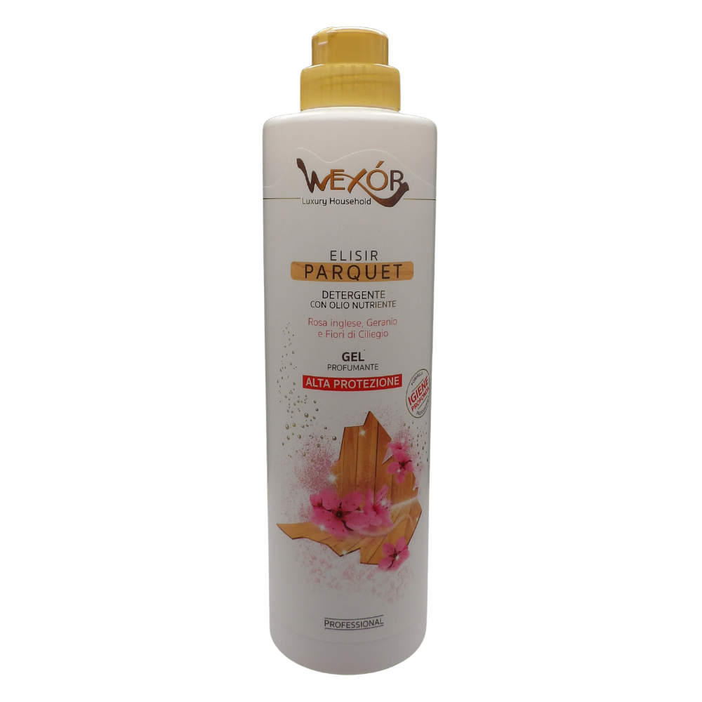 Wexór Elisir PARQUET Detergente Con Olio Nutriente. GEL PROFUMANTE – Alta Protezione, ROSA INGLESE, GERANIO e FIORI DI CILIEGIO 750ml