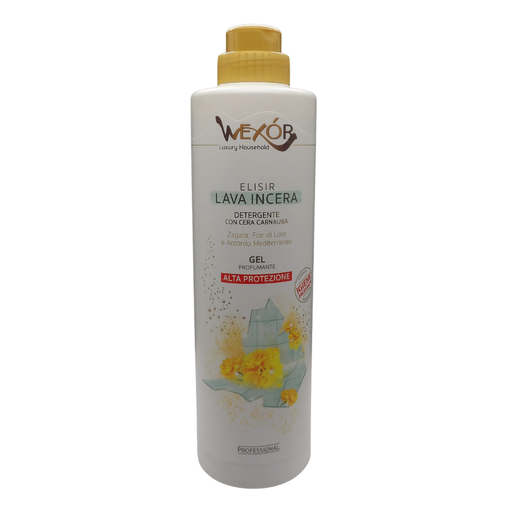 Wexór Elisir LAVA INCERA Detergente In Gel Con Cera Carnauba Igienizzante. Profumo Intenso Di ZAGARA, FIOR DI LOTO e ACCORDO MEDITERRANEO a Lento Rilascio Grazie Alle Microcapsule 750ml