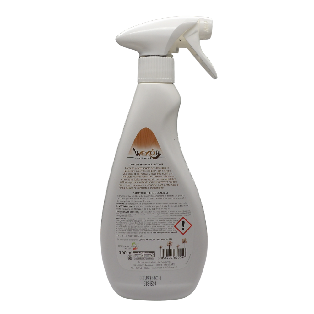 Wexór Spray CURA LEGNO, LATTE DETERGENTE con Cera di Carnauba. Nutre e Rigenera Le Superfici, Dona Brillantezza e Un Effetto Lucido. L’Azione Antistatica Cattura La Polvere Ed Evita Che Si Accumuli Nuovamente 500ml