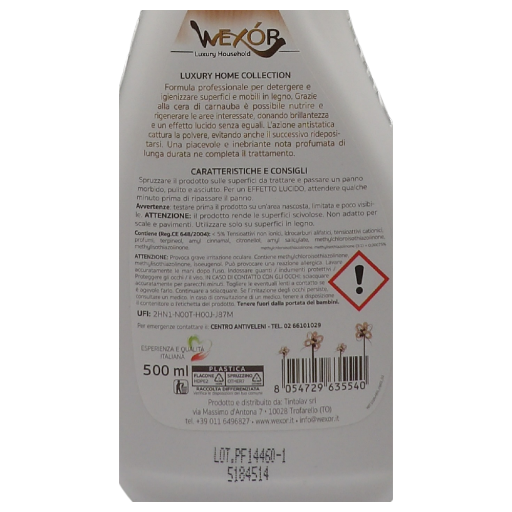 Wexór Spray CURA LEGNO, LATTE DETERGENTE con Cera di Carnauba. Nutre e Rigenera Le Superfici, Dona Brillantezza e Un Effetto Lucido. L’Azione Antistatica Cattura La Polvere Ed Evita Che Si Accumuli Nuovamente 500ml