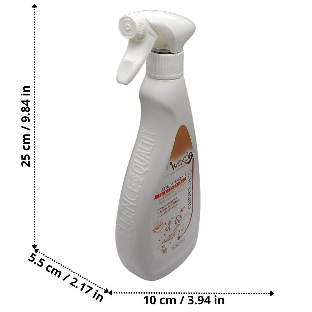 Wexór Spray CURA LEGNO, LATTE DETERGENTE con Cera di Carnauba. Nutre e Rigenera Le Superfici, Dona Brillantezza e Un Effetto Lucido. L’Azione Antistatica Cattura La Polvere Ed Evita Che Si Accumuli Nuovamente 500ml