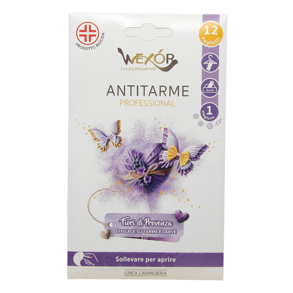 Wexór ANTITARME Professional Confezione Da 12 Foglietti. Elimina Le Tarme Adulte e Le Larve. Rilascia Una Delicata Profumazione Di FIORI DI PROVENZA