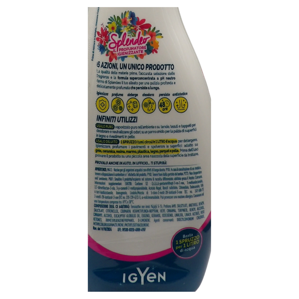 SPLENDEO Detergente Multiuso Spray, Il Profumatore Igienizzante Superconcentrato, BOUQUET DI FIORI. Deterge a Fondo, Rimuove Germi e Batteri, 48h di Pulito Profumato 750ml