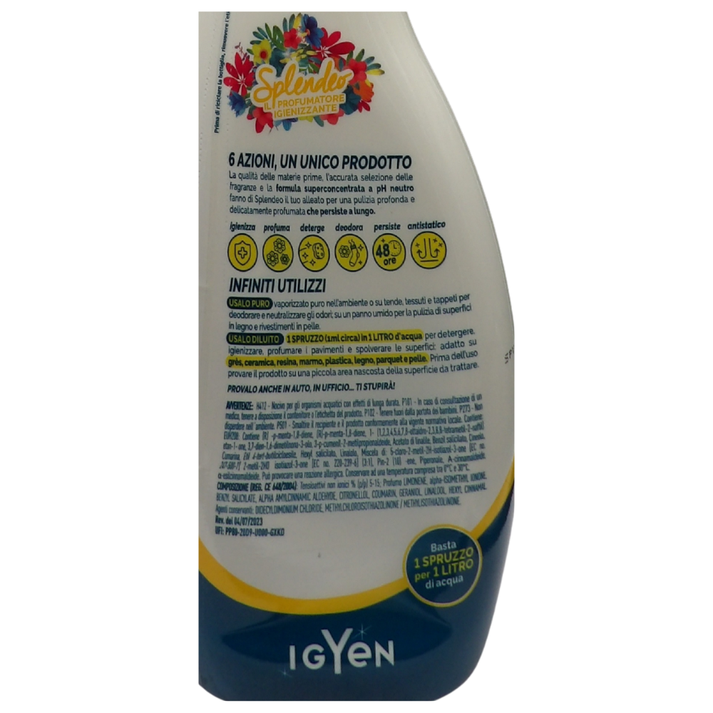SPLENDEO Detergente Multiuso Spray, Il Profumatore Igienizzante Superconcentrato, ARMONIE di Vaniglia. Deterge a Fondo, Rimuove Germi e Batteri, 48h di Pulito Profumato 750ml