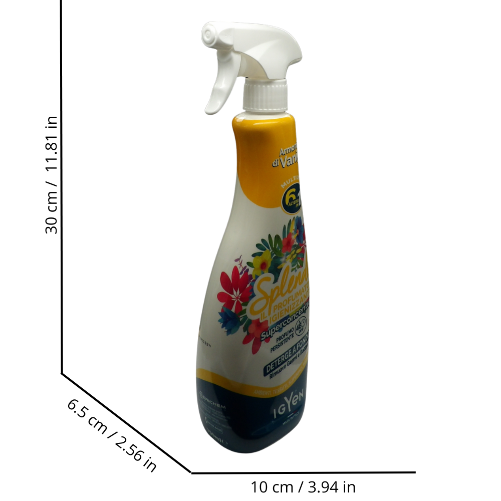 SPLENDEO Detergente Multiuso Spray, Il Profumatore Igienizzante Superconcentrato, ARMONIE di Vaniglia. Deterge a Fondo, Rimuove Germi e Batteri, 48h di Pulito Profumato 750ml