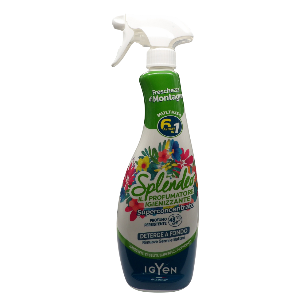 SPLENDEO Detergente Multiuso Spray, Il Profumatore Igienizzante Superconcentrato, FRESCHEZZA DI MONTAGNA. Deterge a Fondo, Rimuove Germi e Batteri, 48h Di Pulito Profumato 750ml