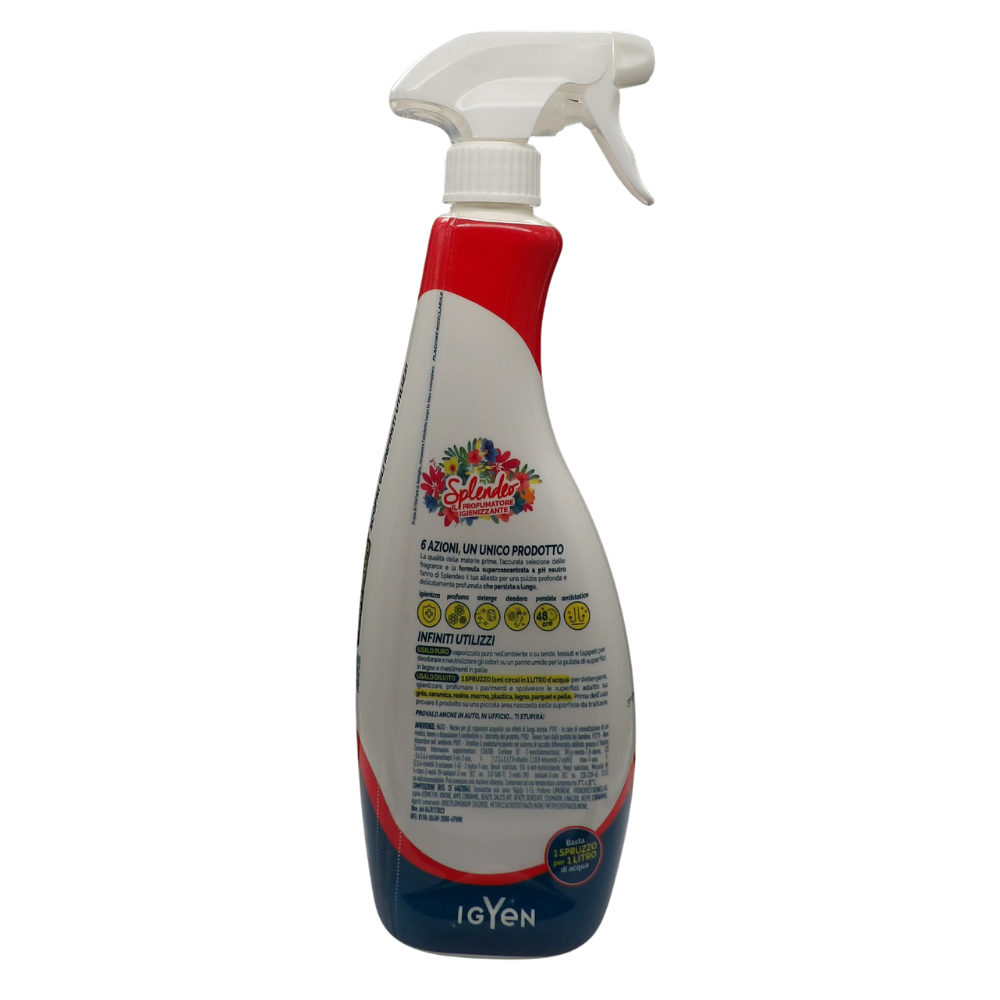 SPLENDEO Detergente Multiuso Spray, Il Profumatore Igienizzante Superconcentrato, GIARDINO DI ROSE. Deterge a Fondo, Rimuove Germi e Batteri, 48h Di Pulito Profumato 750ml