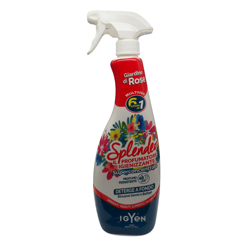 SPLENDEO Detergente Multiuso Spray, Il Profumatore Igienizzante Superconcentrato, GIARDINO DI ROSE. Deterge a Fondo, Rimuove Germi e Batteri, 48h Di Pulito Profumato 750ml