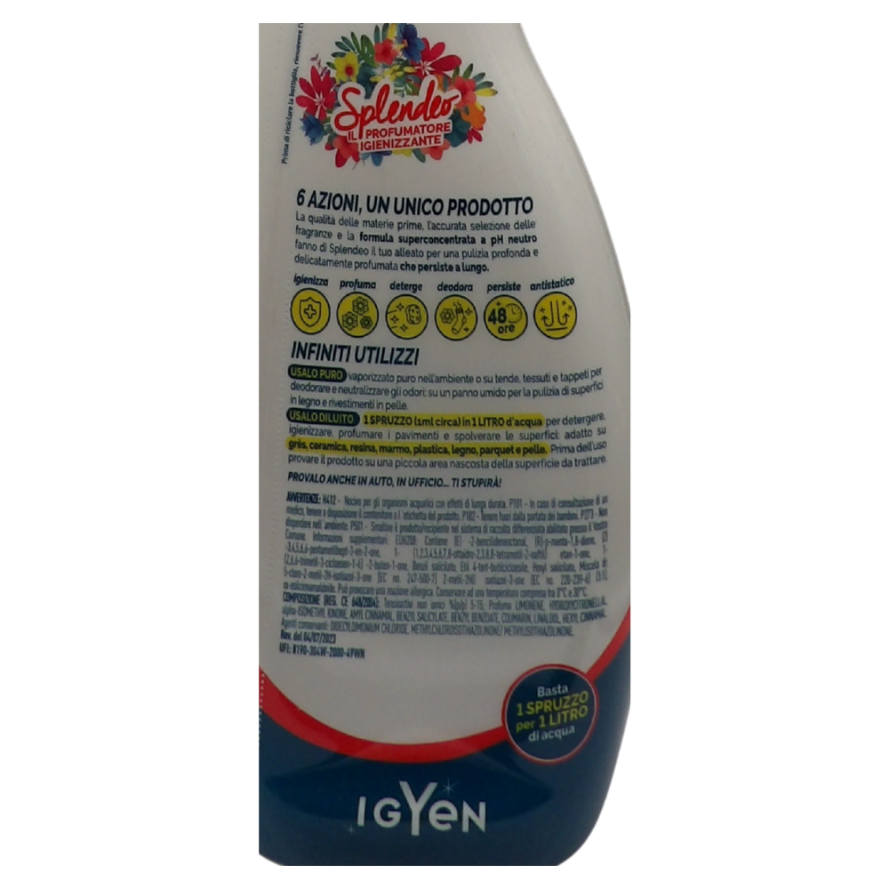 SPLENDEO Detergente Multiuso Spray, Il Profumatore Igienizzante Superconcentrato, GIARDINO DI ROSE. Deterge a Fondo, Rimuove Germi e Batteri, 48h Di Pulito Profumato 750ml