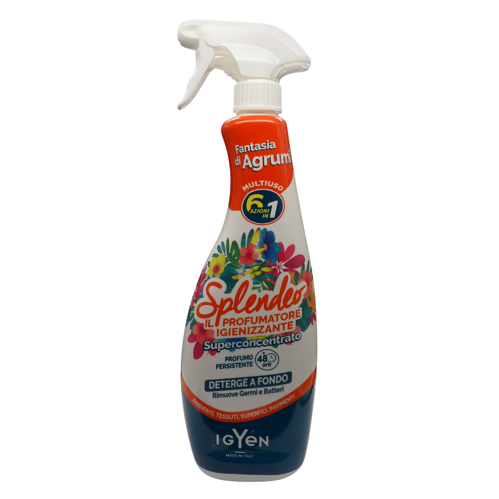 SPLENDEO Detergente Multiuso Spray, Il Profumatore Igienizzante Superconcentrato, FANTASIA DI AGRUMI. Deterge a Fondo, Rimuove Germi e Batteri, 48h di Pulito Profumato 750ml