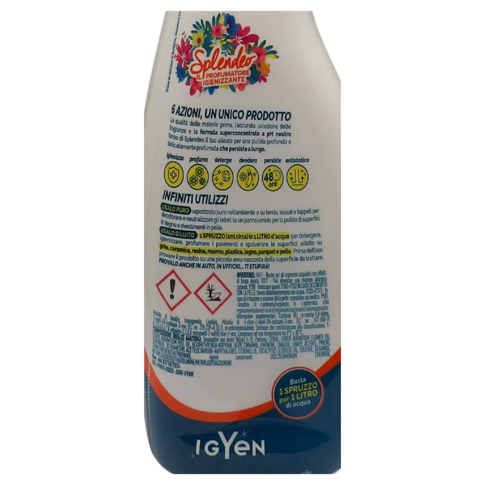 SPLENDEO Detergente Multiuso Spray, Il Profumatore Igienizzante Superconcentrato, FANTASIA DI AGRUMI. Deterge a Fondo, Rimuove Germi e Batteri, 48h di Pulito Profumato 750ml