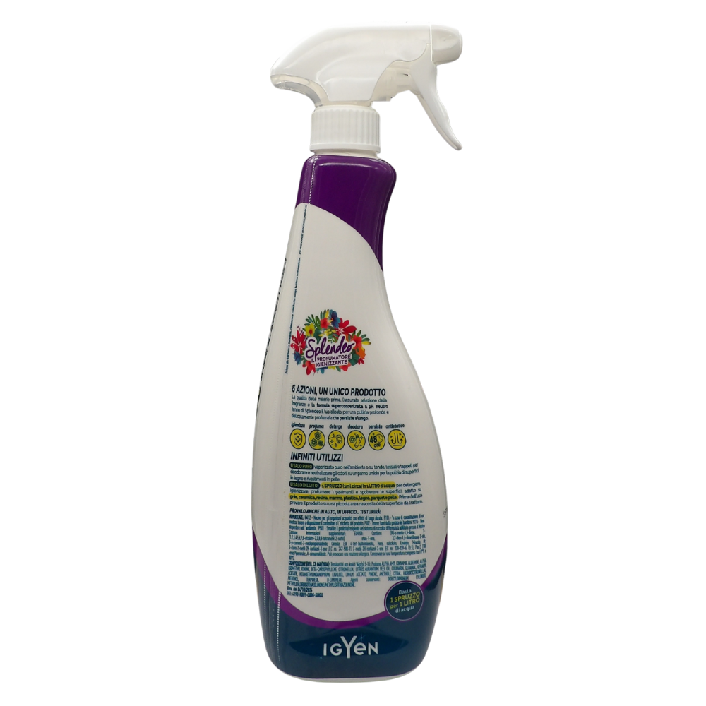 SPLENDEO Detergente Multiuso Spray, Profumatore Igienizzante Superconcentrato, MAGIA DI FRUTTA. Deterge, Rimuove Germi e Batteri. Per Ambienti, Tessuti, Superfici, Pavimenti 750ml