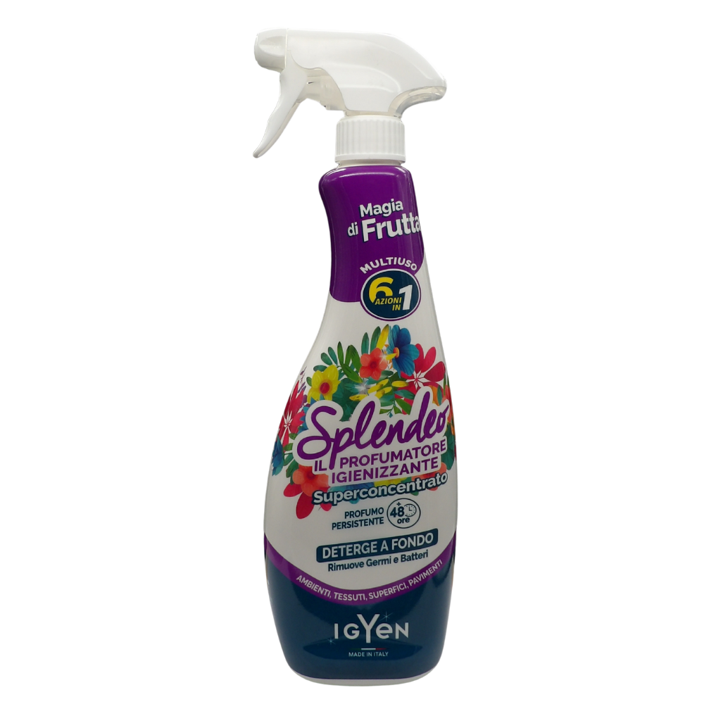 SPLENDEO Detergente Multiuso Spray, Profumatore Igienizzante Superconcentrato, MAGIA DI FRUTTA. Deterge, Rimuove Germi e Batteri. Per Ambienti, Tessuti, Superfici, Pavimenti 750ml