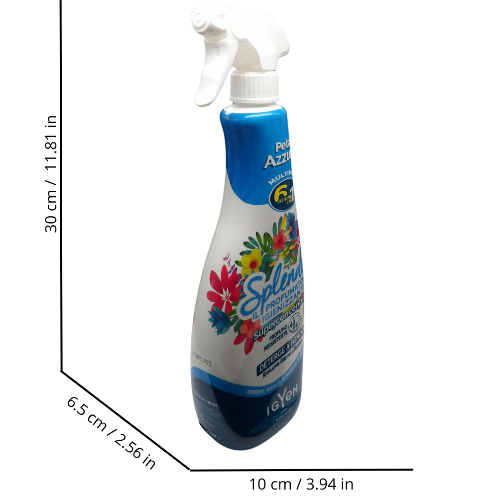 SPLENDEO Detergente Multiuso Spray, Il Profumatore Igienizzante Superconcentrato, PETALI AZZURRI. Deterge a Fondo, Rimuove Germi e Batteri, 48h di Pulito Profumato 750ml