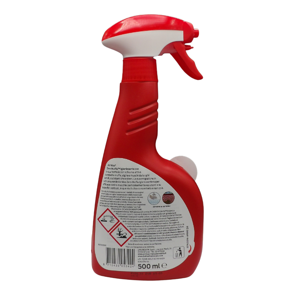 AIR MAX Zero Muffa Igienizzante, Efficace su Muffe, Alghe e Muschi da Luoghi Umidi sia Interni che Esterni, Ultra Concentrato, Non Cola, Formato da 500ml