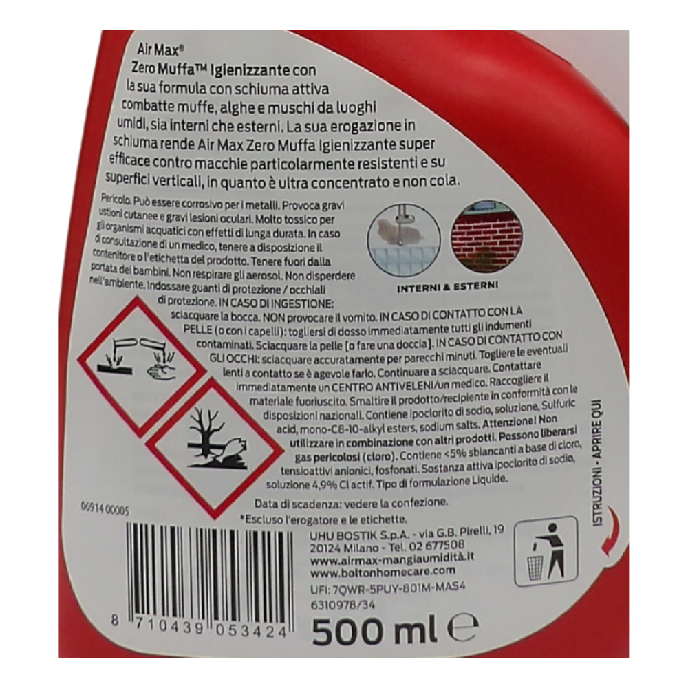 AIR MAX Zero Muffa Igienizzante, Efficace su Muffe, Alghe e Muschi da Luoghi Umidi sia Interni che Esterni, Ultra Concentrato, Non Cola, Formato da 500ml