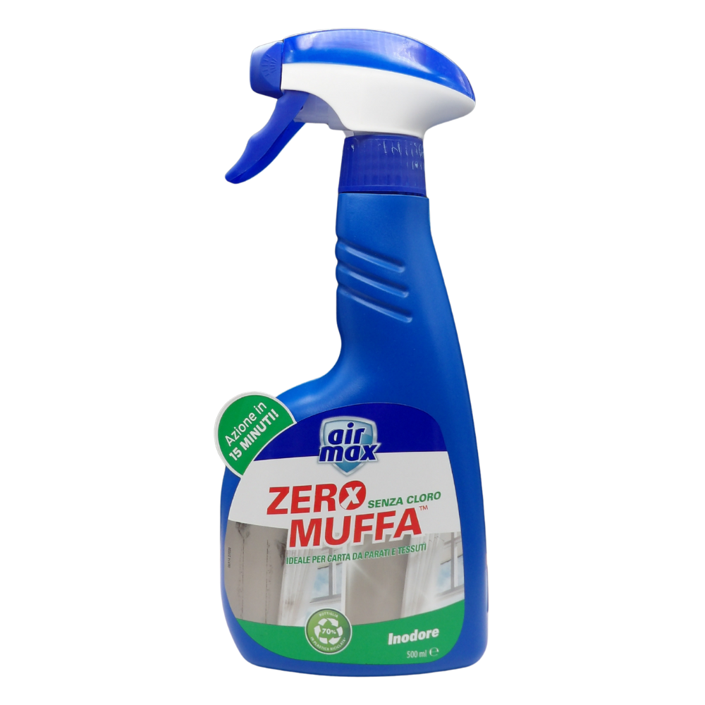 AIR MAX Zero Muffa Senza Cloro Flacone 500ml efficace prodotto antimuffa inodore ideale per l'uso su superfici delicate e in ambienti chiusi come soggiorni e camere da letto, poiché privo di agenti sbiancanti a base di cloro