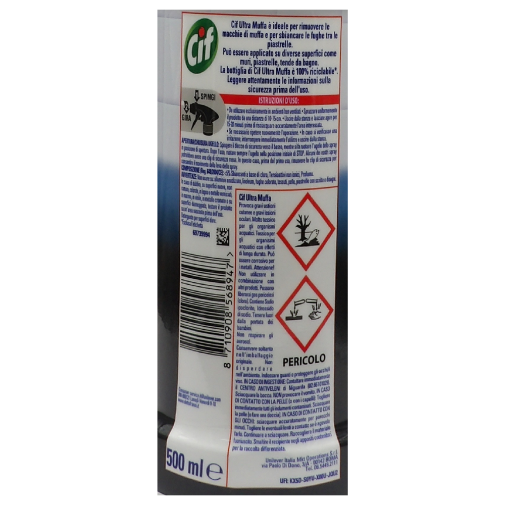 CIF Ultra Muffa, Spray Antimuffa, Formato 500 ml, Spray Detergente Ideale per Muri, Piastrelle, Tende da Bagno, Rimuove le Macchie di Muffa e Sbianca le Fughe tra le Piastrelle