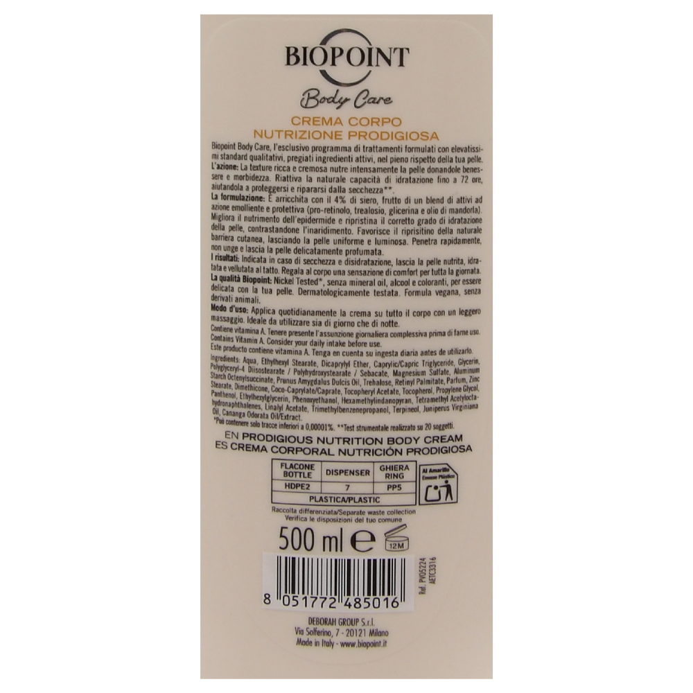 Biopoint - Crema Corpo Nutrizione Prodigiosa, Azione Nutriente e Protettiva per la Pelle Secca e Molto Secca, Ideale per Uomo e Donna, Dona Elasticità e Morbidezza, 500 ml