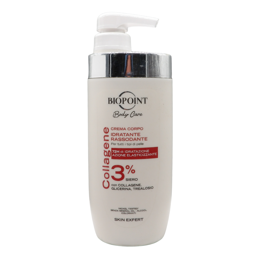 Biopoint - Crema Corpo Idratazione Rassodante, Azione Elasticizzante per tutti i tipi di Pelle, con 3% di Collagene, Dona Luminosità, Morbidezza e Idratazione fino a 72h, 500 ml