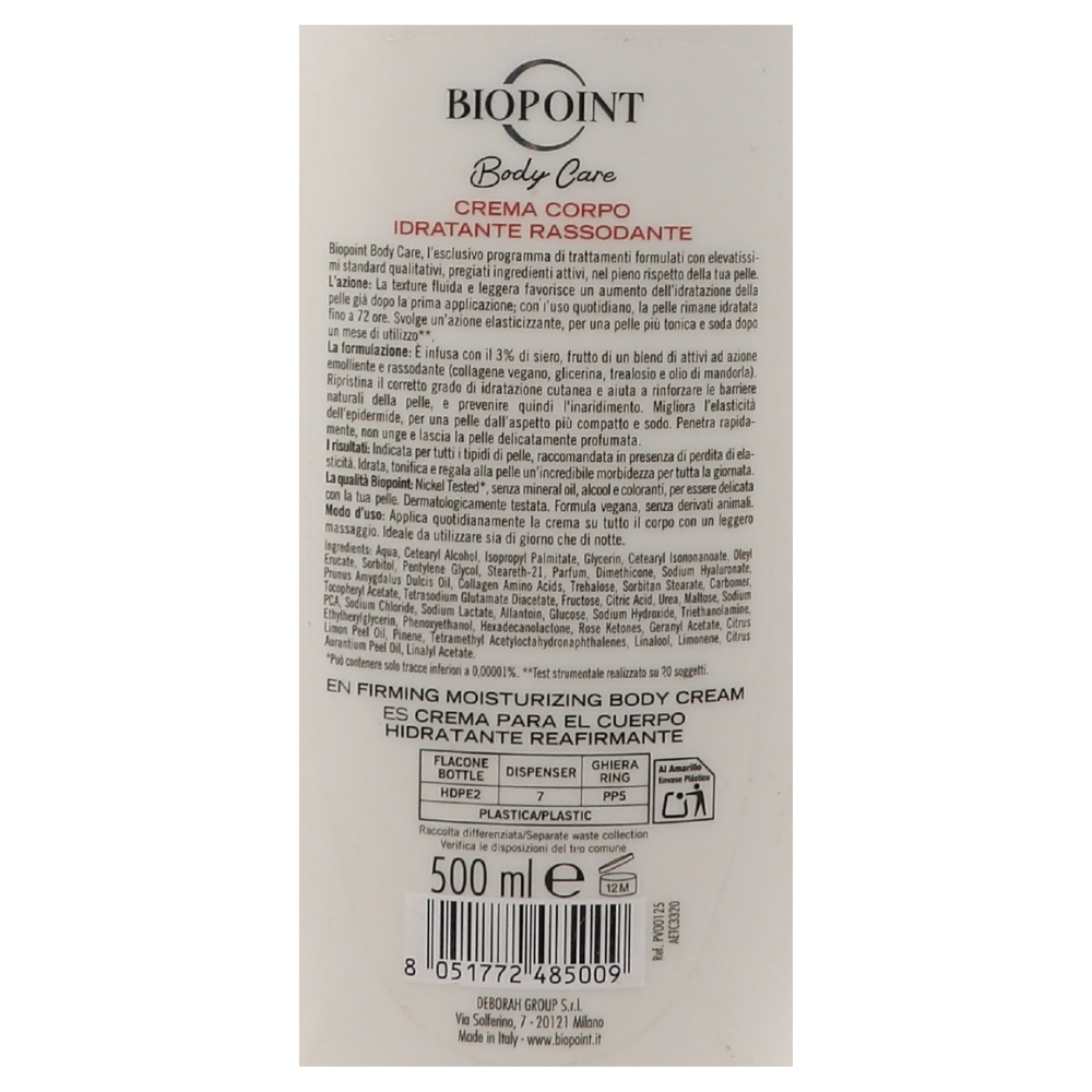 Biopoint - Crema Corpo Idratazione Rassodante, Azione Elasticizzante per tutti i tipi di Pelle, con 3% di Collagene, Dona Luminosità, Morbidezza e Idratazione fino a 72h, 500 ml