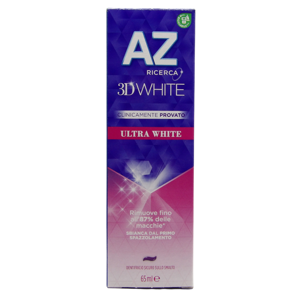dentifricio sbiancante AZ 3D White Ultra White nel formato da 65 ml.