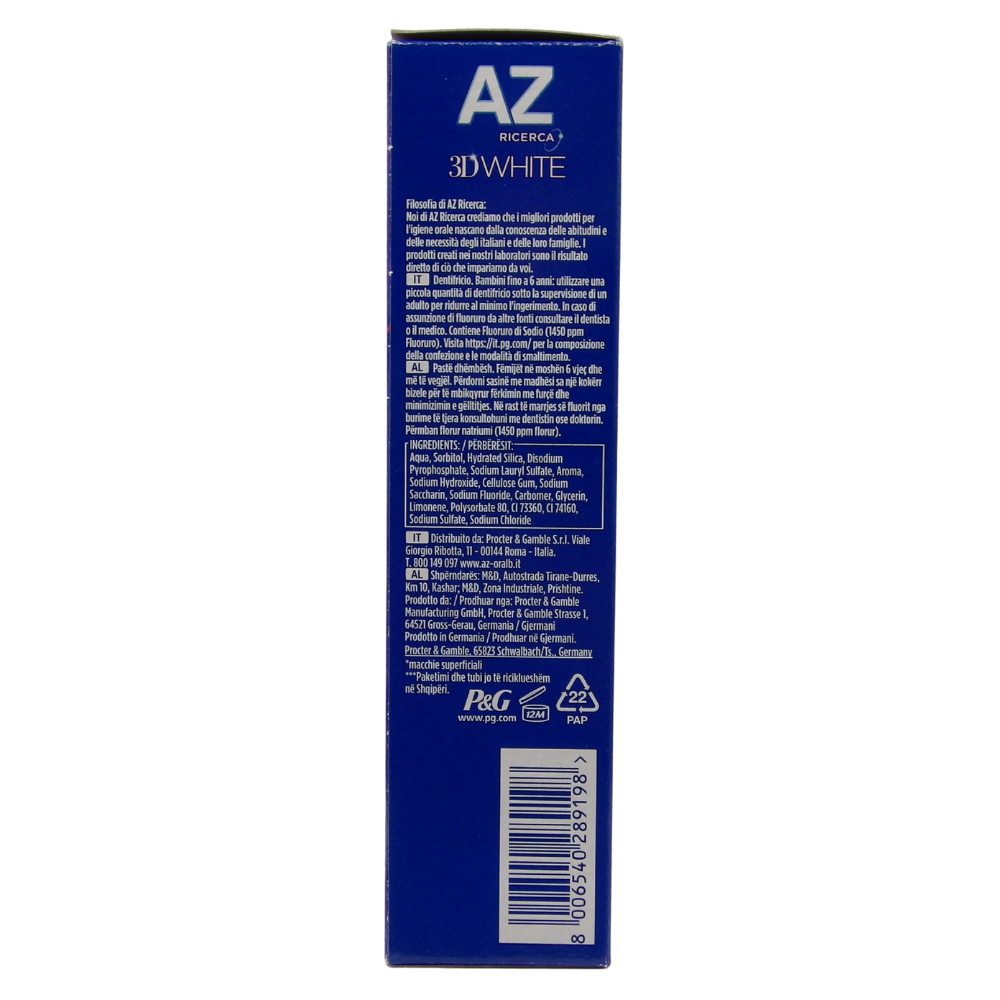 dentifricio sbiancante AZ 3D White Ultra White nel formato da 65 ml.