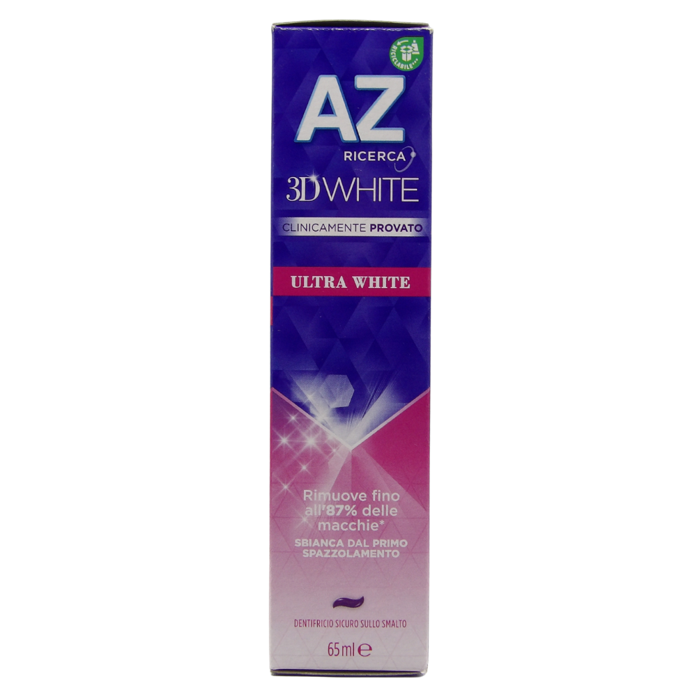 dentifricio sbiancante AZ 3D White Ultra White nel formato da 65 ml.