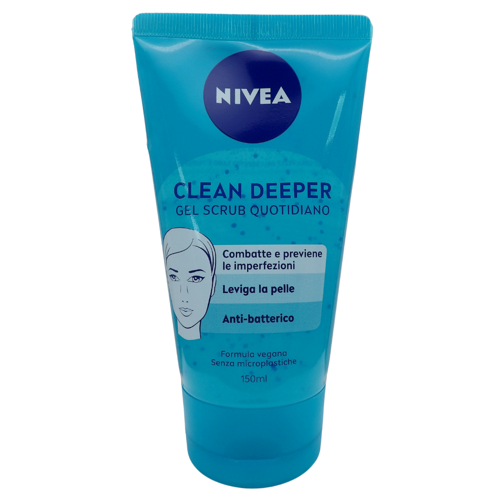 NIVEA Clean Deeper Gel Scrub Viso Quotidiano 150 ml, Esfoliante viso per brufoli e punti neri, Scrub viso donna e uomo antibatterico con estratto di magnolia e acido lattico