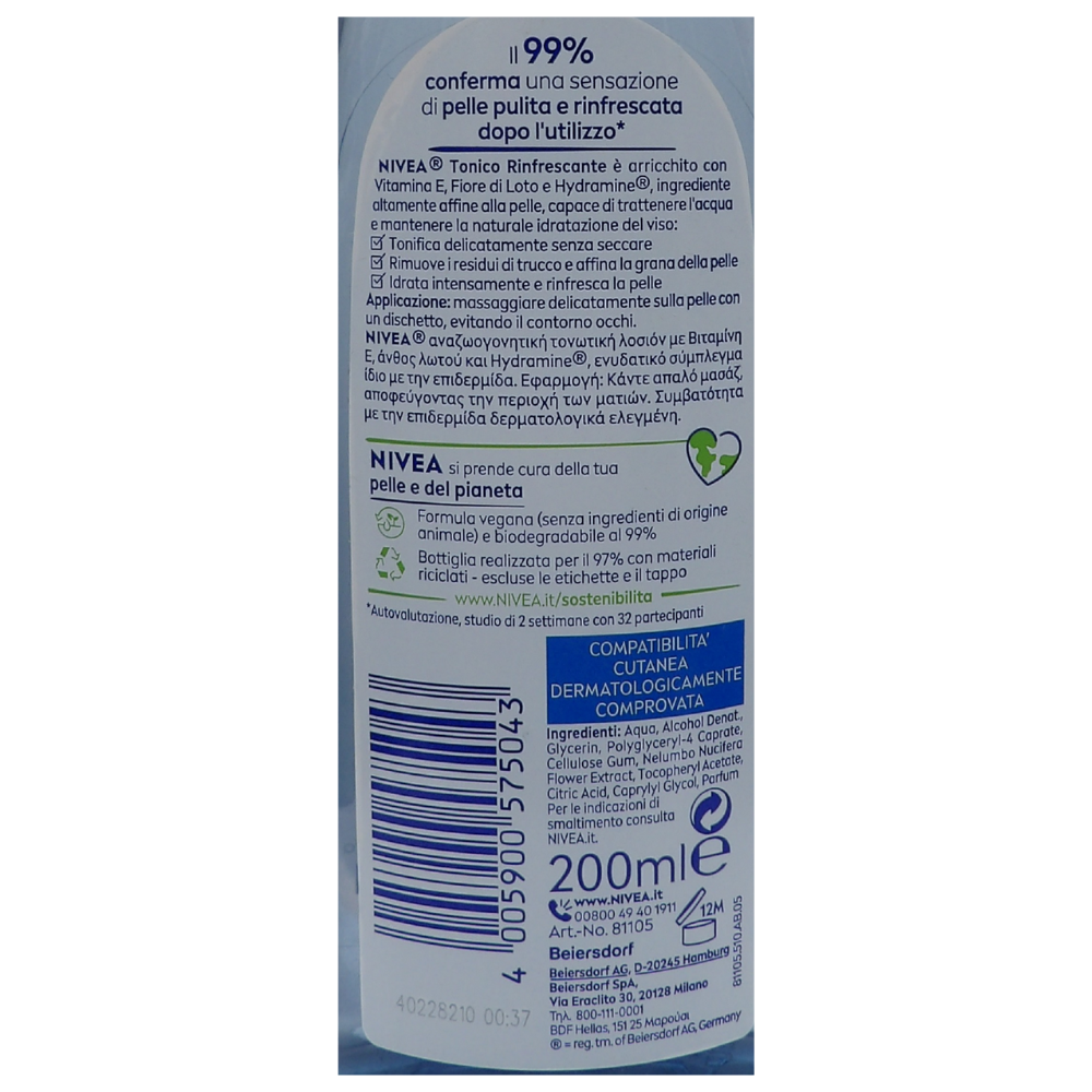 NIVEA Tonico Vitalizzante/Rinfrescante con estratto di Fiore di Loto e Vitamina E, in formato da 200 ml.