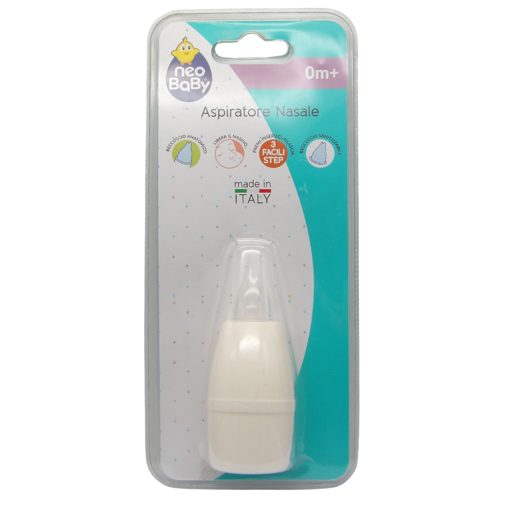 aspiratore nasale Neo Baby è un dispositivo manuale, specificamente progettato per neonati e bambini (dall'età di 0 mesi in su), che non sanno ancora soffiarsi il naso da soli. È dotato di un beccuccio morbido per garantire la massima delicatezza.