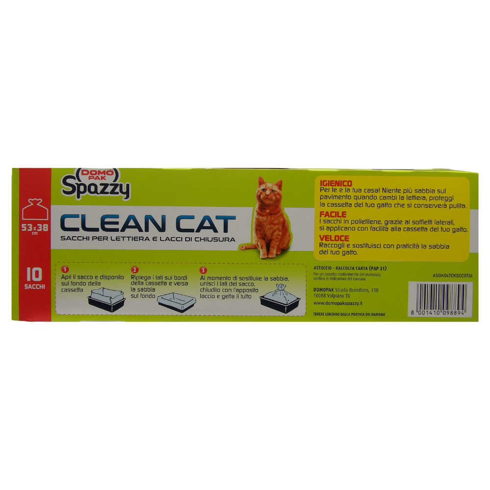 DOMOPAK SPAZZY CLEAN CAT, Sacchi Per Lettiera Con Lacci Di Chiusura (Confezione Da 10 Sacchetti) 53x38cm