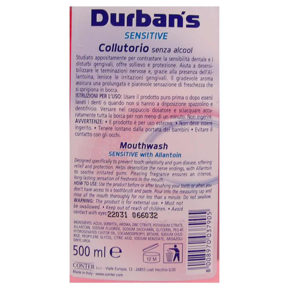 DURBAN'S Colluttorio SENSITIVE, Contrasta La Sensibilità Dentale, Previene Le Irritazioni Gengivali, Alito Fresco A Lungo, Con Alatonina, Menta Fresca 500ml
