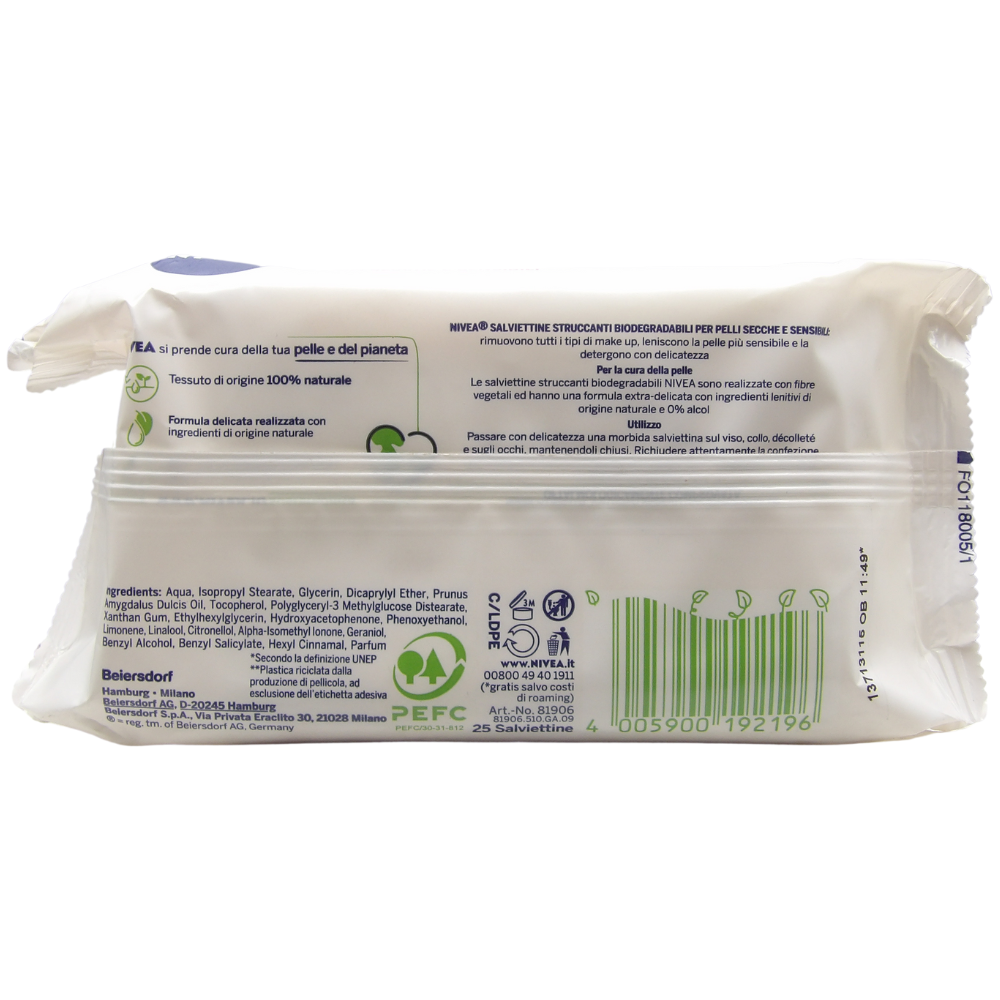 NIVEA Salviettine Struccanti, Per Occhi, Labbra e Viso. Per Pelli Secche e Sensibili. Biodegradabili (Confezione Da 25 Salviettine)