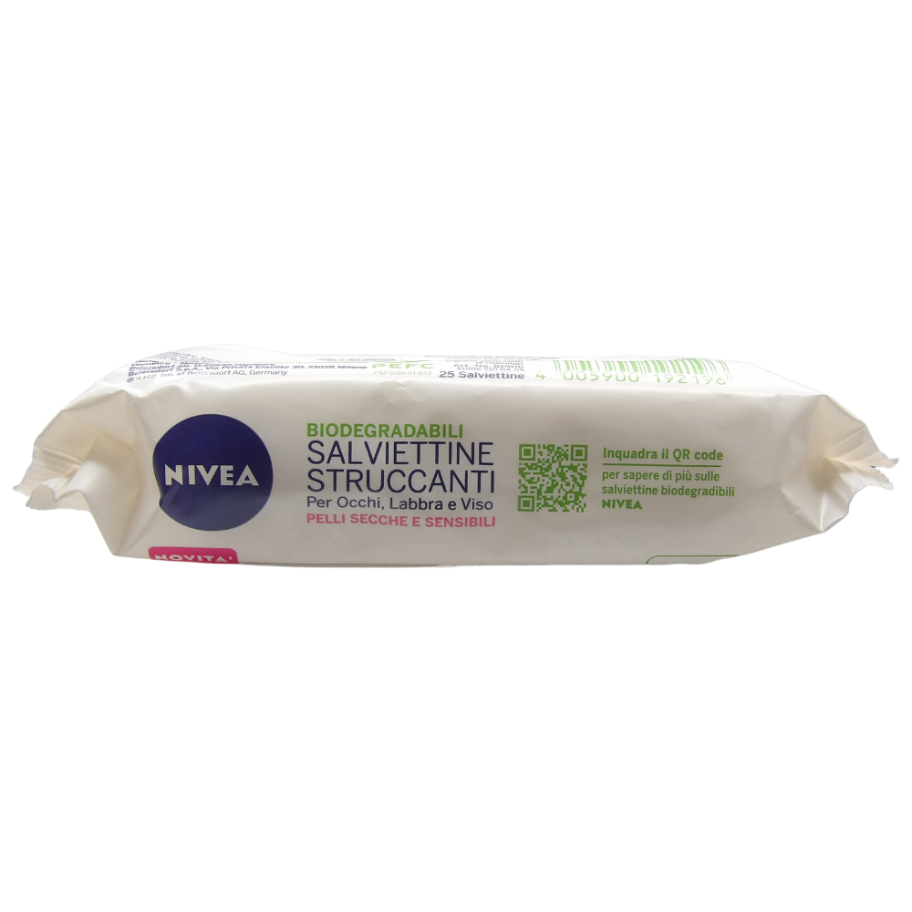 NIVEA Salviettine Struccanti, Per Occhi, Labbra e Viso. Per Pelli Secche e Sensibili. Biodegradabili (Confezione Da 25 Salviettine)