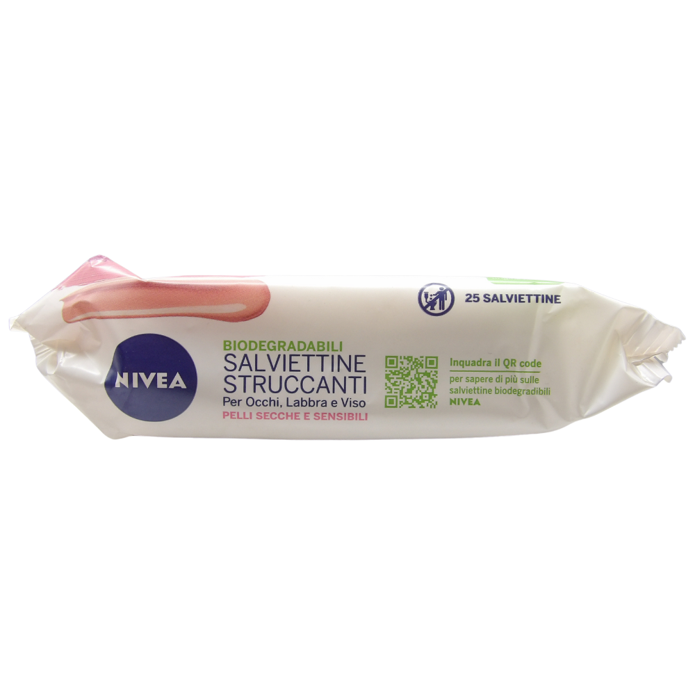 NIVEA Salviettine Struccanti, Per Occhi, Labbra e Viso. Per Pelli Secche e Sensibili. Biodegradabili (Confezione Da 25 Salviettine)