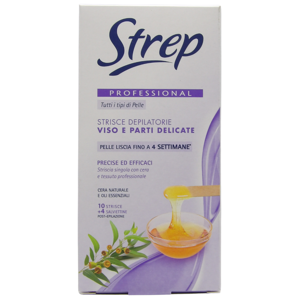 STREP Strisce Depilatorie, VISO E PARTI DELICATE. Pelle Liscia Fino a 4 Settimana. Precise Ed Efficaci. Cera Naturale e Oli Essenziali (Confezione Da 10 Strisce + 4 Salviettine)