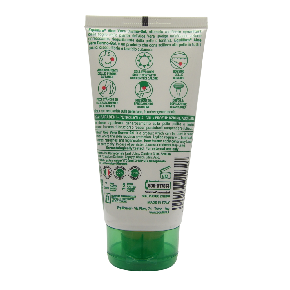 equilibra Corpo, Aloe Dermo-Gel, Gel Lenitivo a Base di Aloe Vera, Crema Corpo per Arrossamenti, Sollievo Dopo Sole, Post Depilazione o Rasatura, Rossori Gengive, Piedi Stanchi, 75 ml