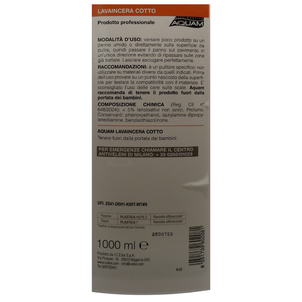 Aquam, Lava In Cera Cotto, Pronto All'Uso. Ideale Per Pavimenti Porosi In Cotto, Pietra Naturale 1000ml