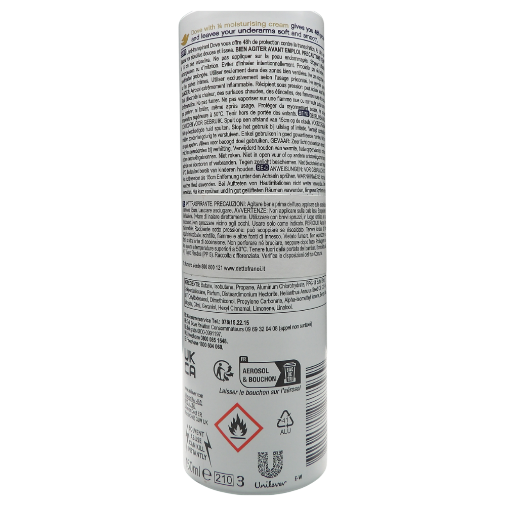 Dove Deodorante Spray Anti-Traspirante 48h Fresh Care da 150 ml,è un prodotto progettato per offrire una protezione affidabile contro sudore e odori, prendendosi cura della pelle delle ascelle