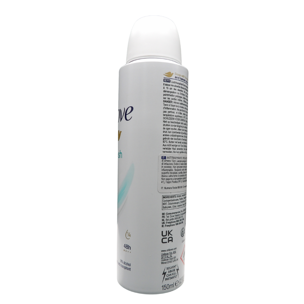 Dove Deodorante Spray Anti-Traspirante 48h Fresh Care da 150 ml,è un prodotto progettato per offrire una protezione affidabile contro sudore e odori, prendendosi cura della pelle delle ascelle