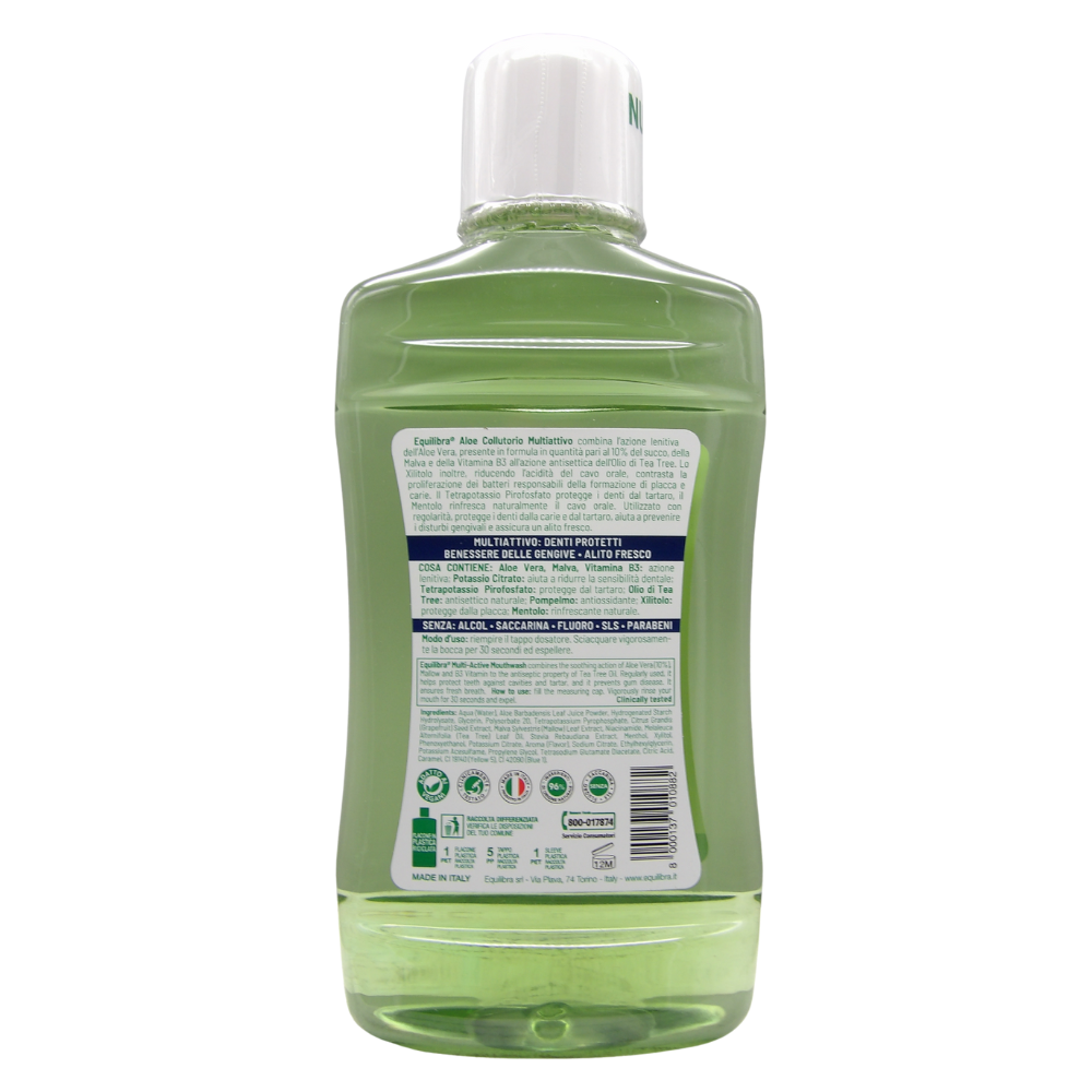 EQUILIBRA Colluttorio ALOE, Con Equivalente 30% Aloe Vera Succo, Con Xilitolo. Tripla Azione, Dal Delicato Gusto Di Menta 500ml