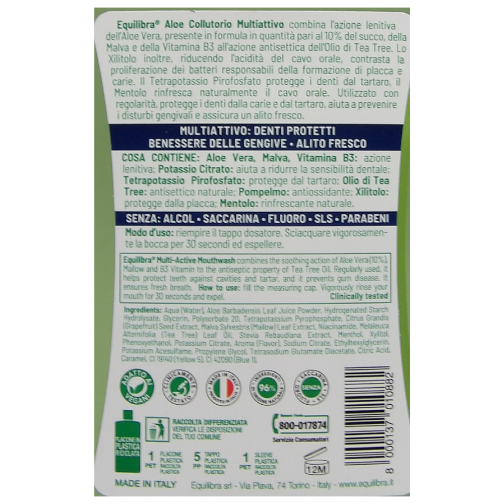EQUILIBRA Colluttorio ALOE, Con Equivalente 30% Aloe Vera Succo, Con Xilitolo. Tripla Azione, Dal Delicato Gusto Di Menta 500ml