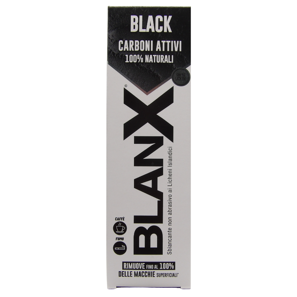 BLANX Dentifricio Black ai Carboni Attivi 100% Naturali, Rimuove Fino Al 100% Delle Macchie. Sbiancante ai Licheni Artici. Antimacchia, Non Abrasivo, Pasta Nera 75ml