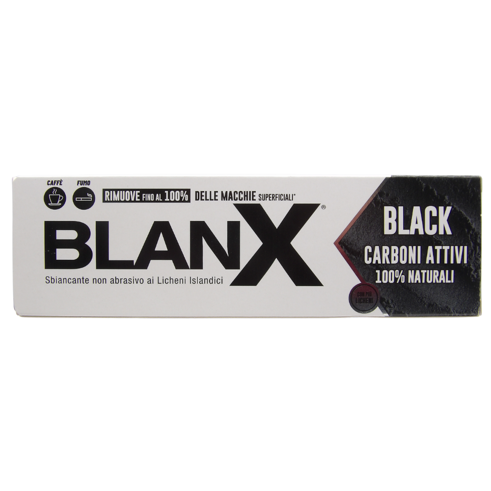 BLANX Dentifricio Black ai Carboni Attivi 100% Naturali, Rimuove Fino Al 100% Delle Macchie. Sbiancante ai Licheni Artici. Antimacchia, Non Abrasivo, Pasta Nera 75ml